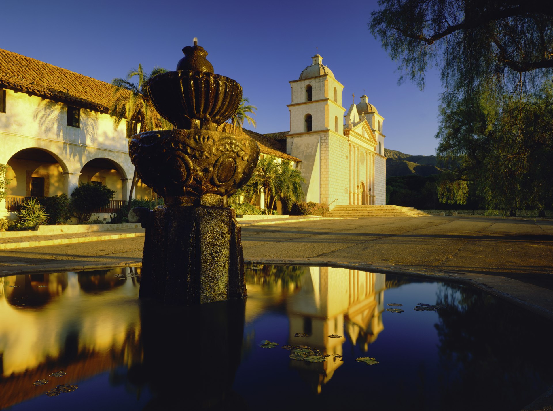 Fountain with reflection of Santa Barbara Mission 