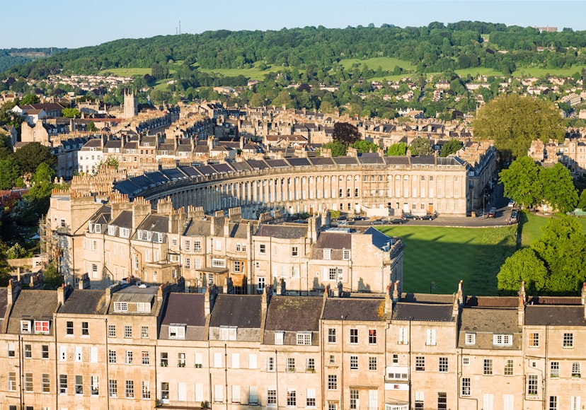 Evening view of Royal Crescent, a heritage street in the English city of Bath.