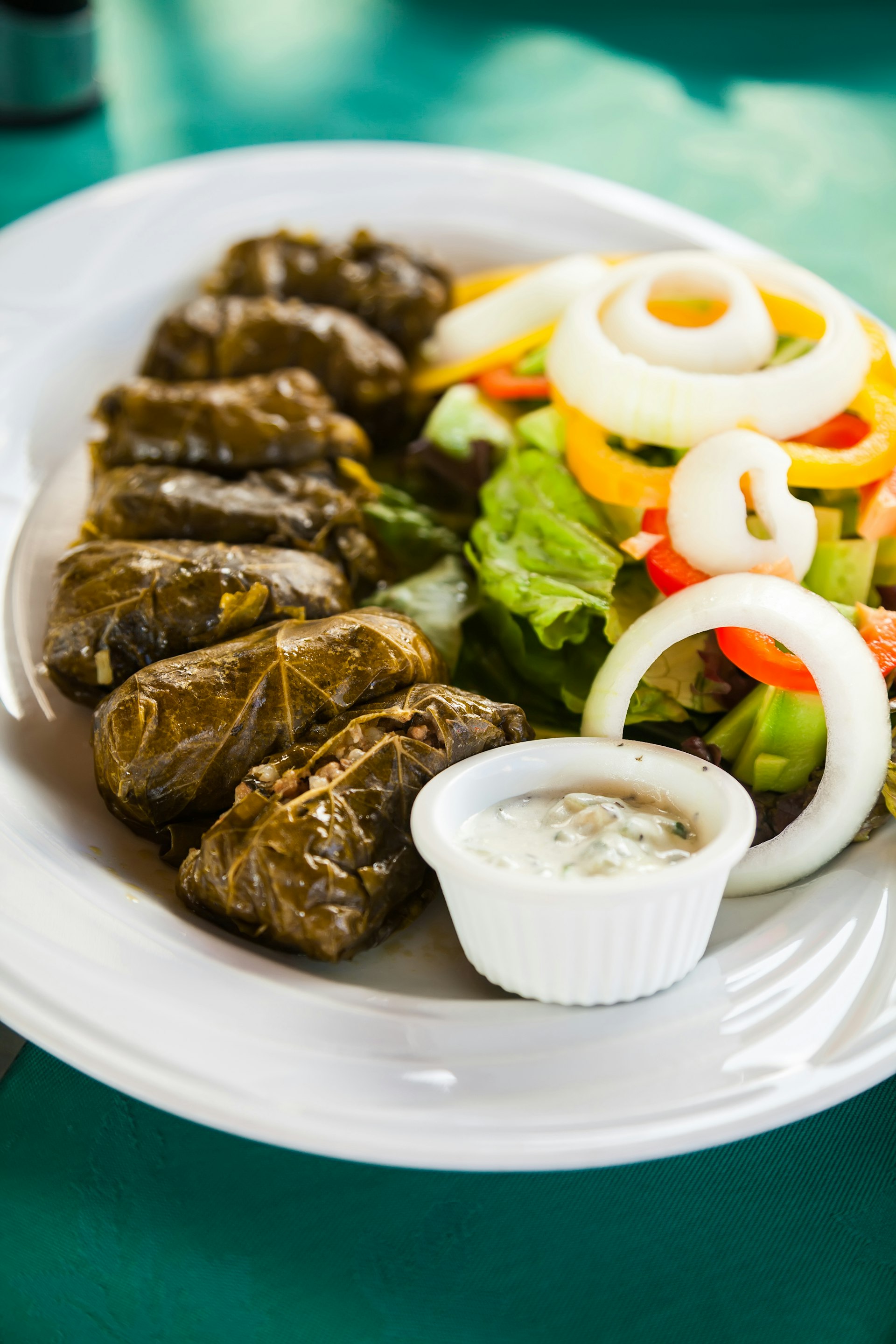 Dolma - grape leaves stuffed with minced meat served with garlic yogurt sauce and fresh vegetables on a white plate 