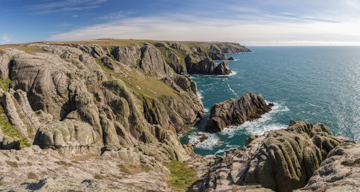Panorama of the wild cliffs on the west coast of Lundy Island. Puffins nest on these cliffs.