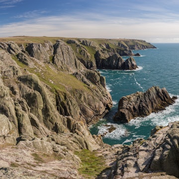 Panorama of the wild cliffs on the west coast of Lundy Island. Puffins nest on these cliffs.