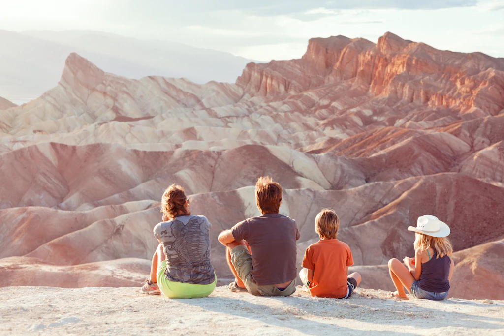 Family at sunset, Zabriskie Point, Death Valley