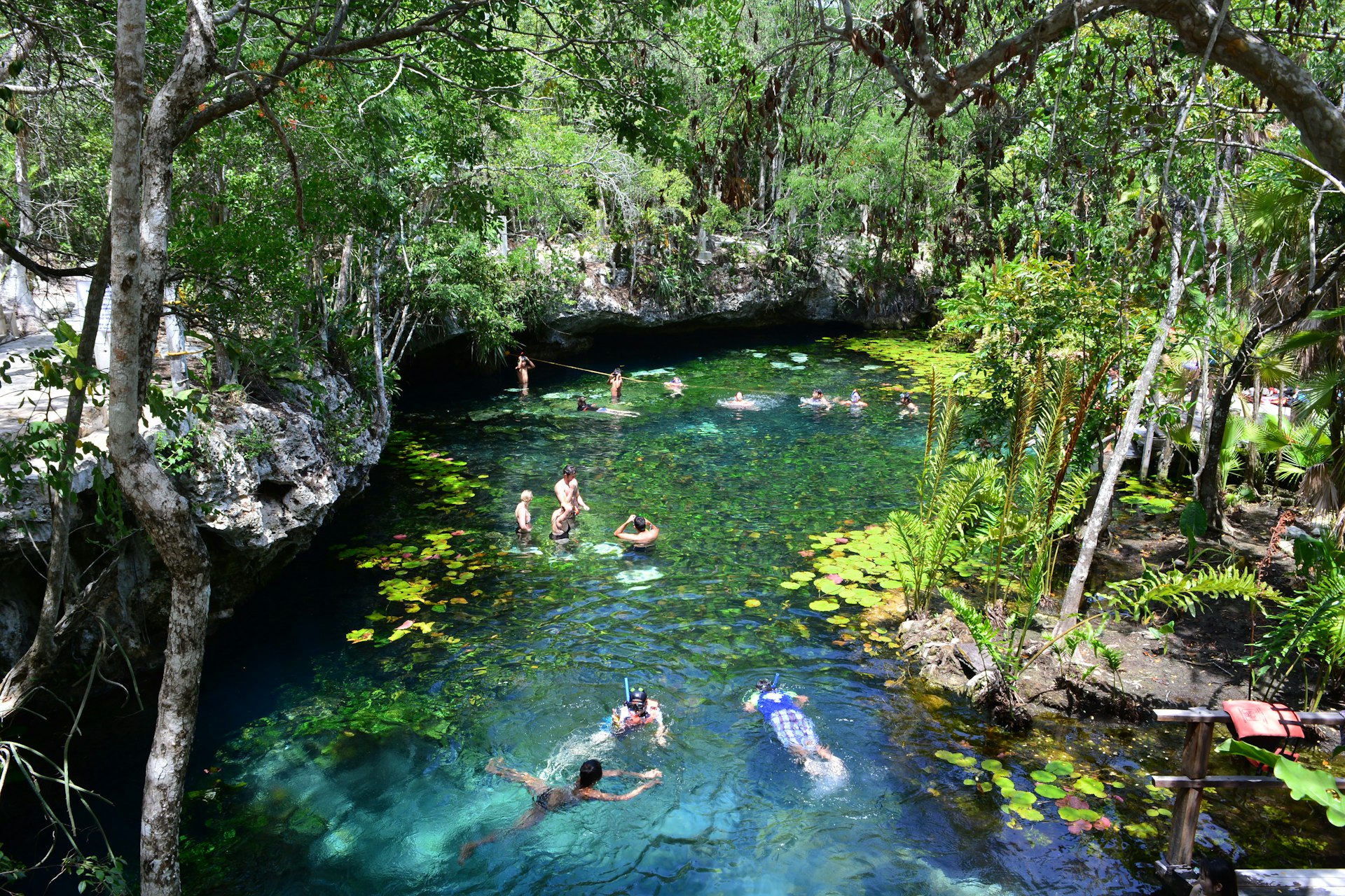 People swimming inside a cenote in the Dos Ojos park in Mexico