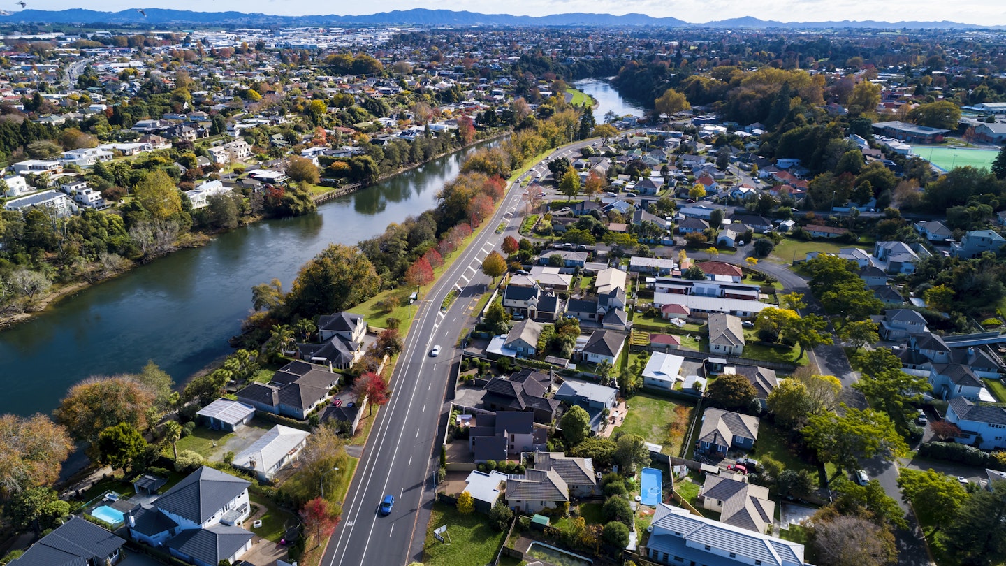 Aerial view from Waikato River, Hamilton, New Zealand