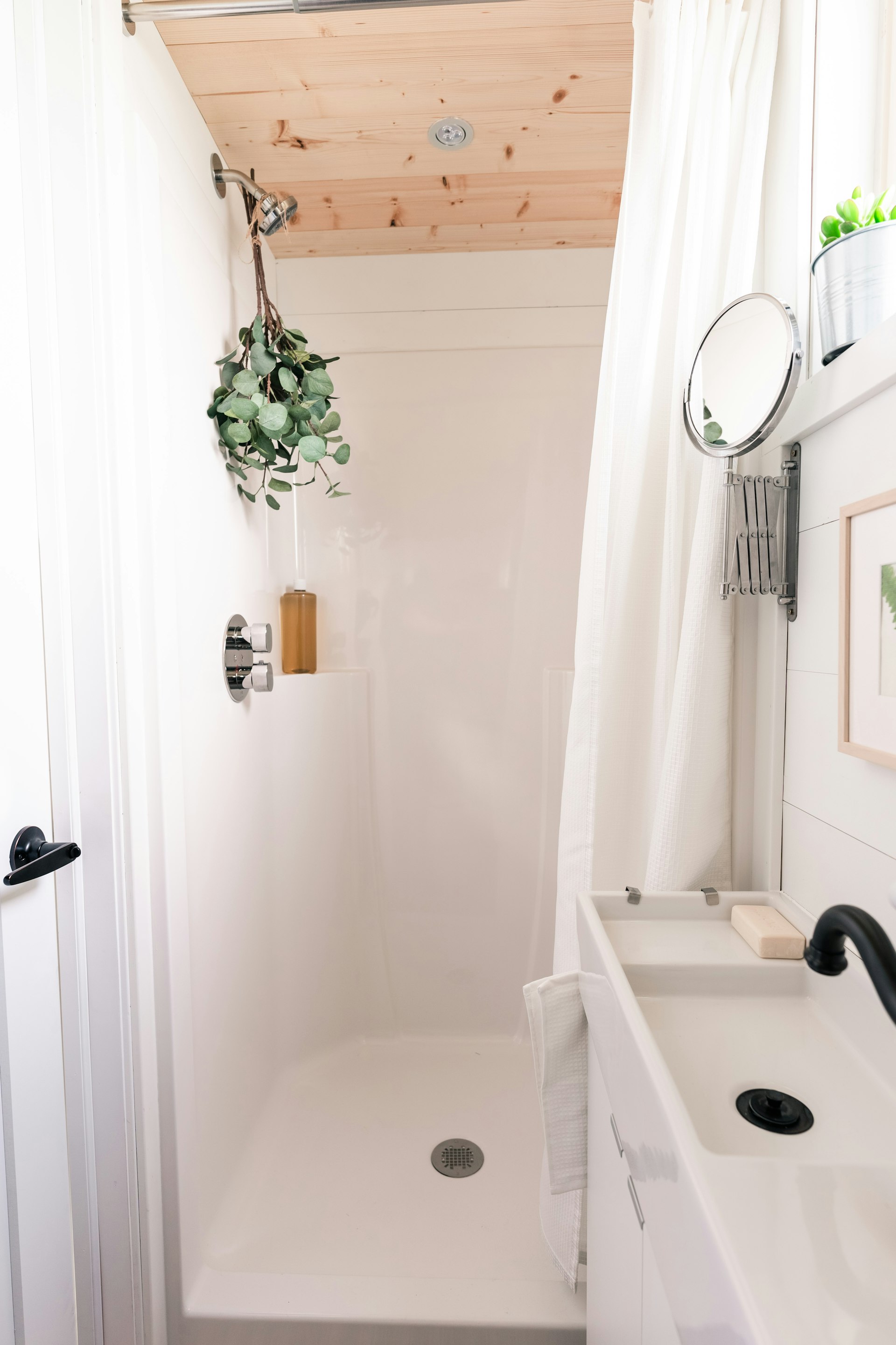 White shower unit with potted plant