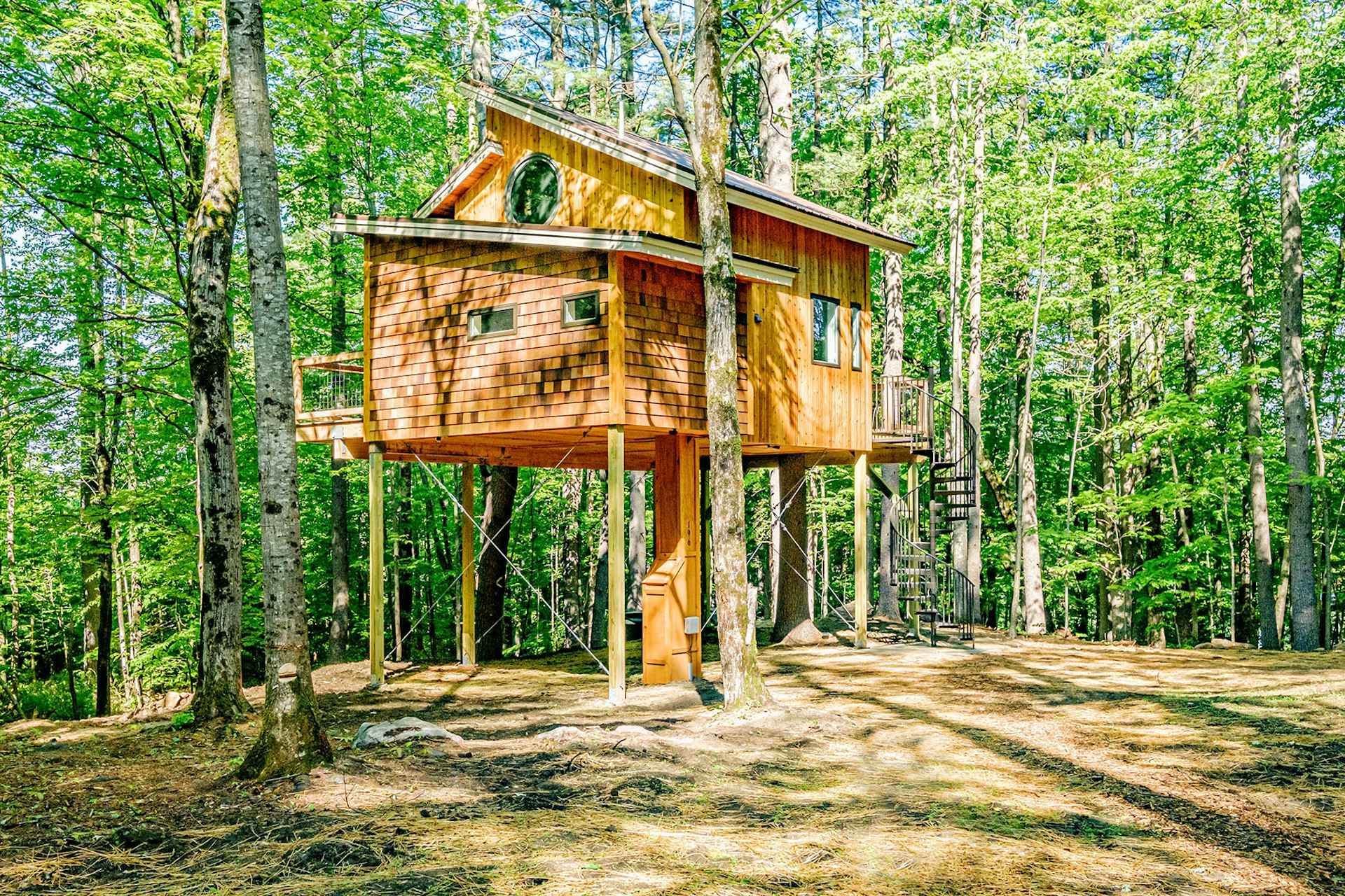 A shingled treehouse cabin in Maine with a spiral staircase
