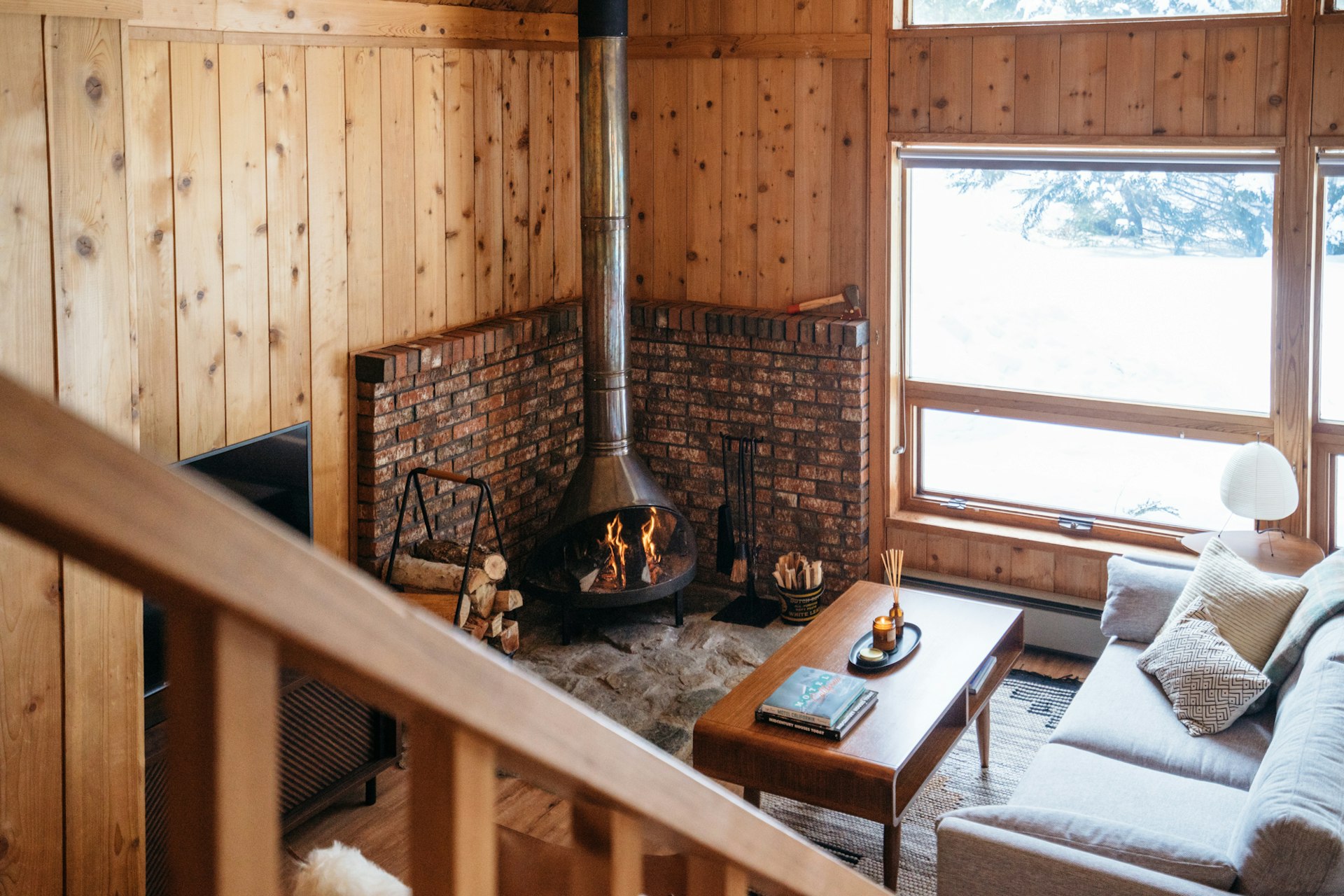 A Scandinavian-influenced living room in a modern Vermont cabin
