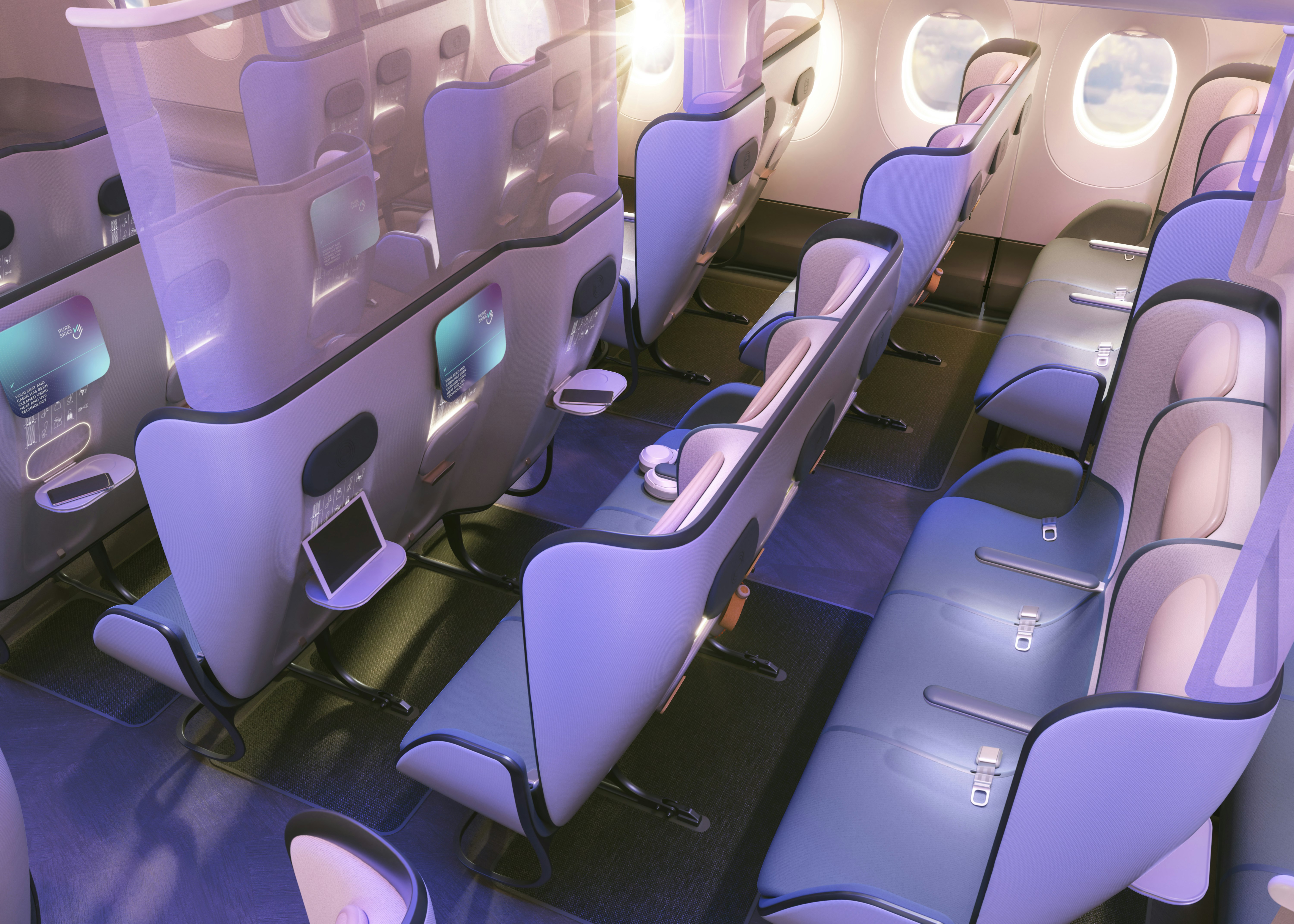 Interior cabin of economy class using personal devices for in-flight entertainment