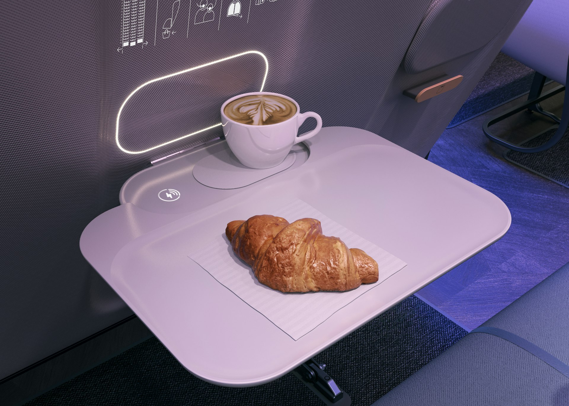 Pure Skies clip-on dining tray with coffee and croissant resting on it