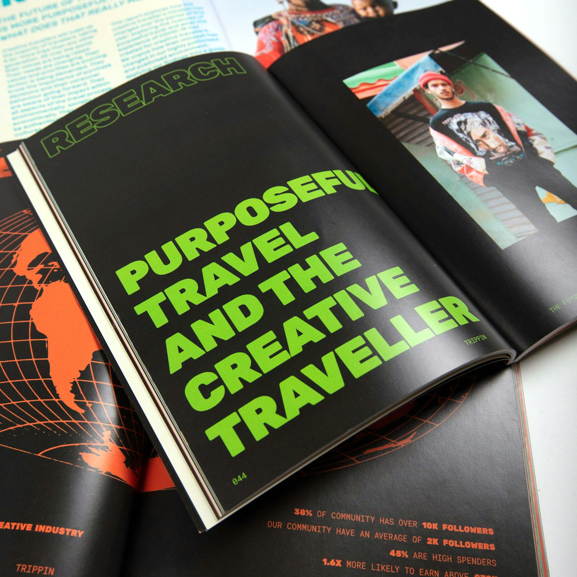 An inside spread of the Trippin report, with the headline "purposeful travel and the creative traveler" and breaking down data of followers