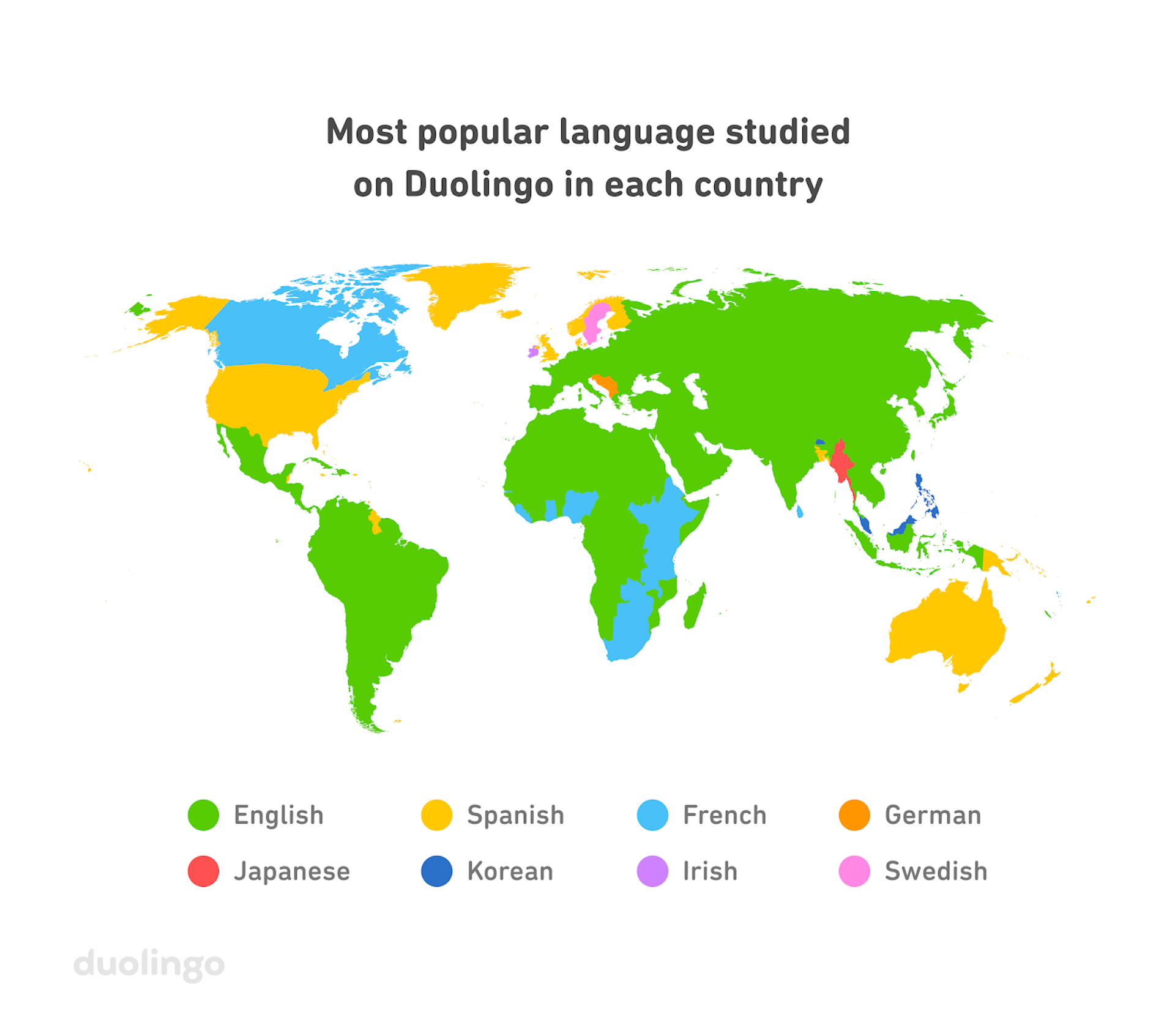 Duolingo map charting the most popular languages studied around the world