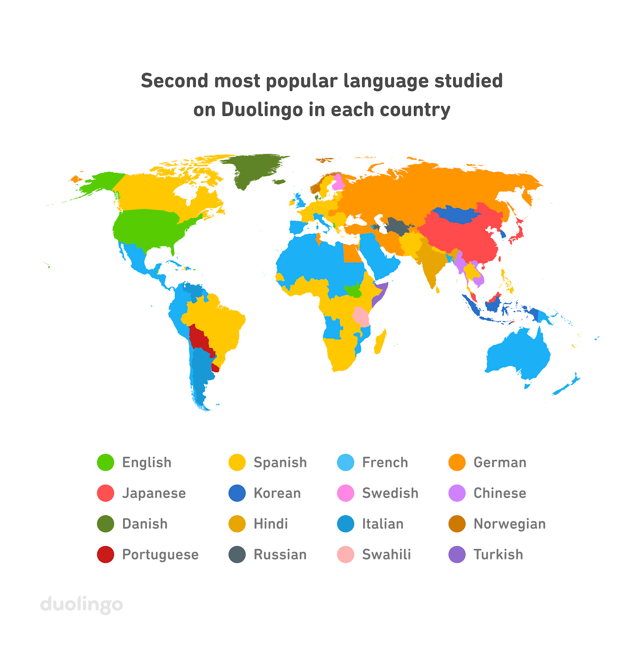 Duolingo map charting the second most popular languages studied around the world