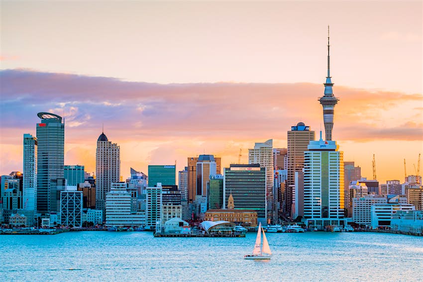 Vue d'Auckland depuis l'eau à l'aube