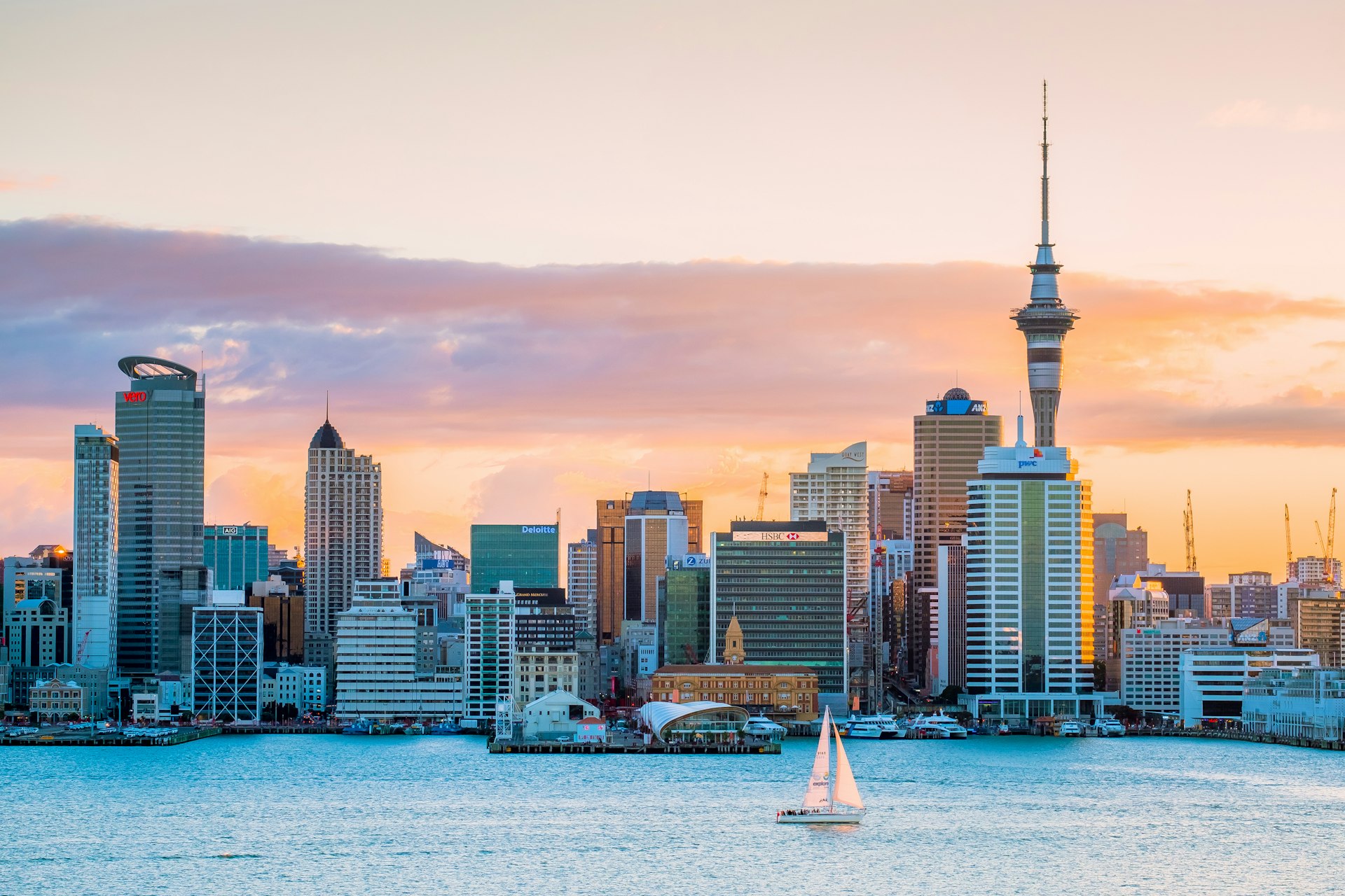 View of Auckland from the water at dawn