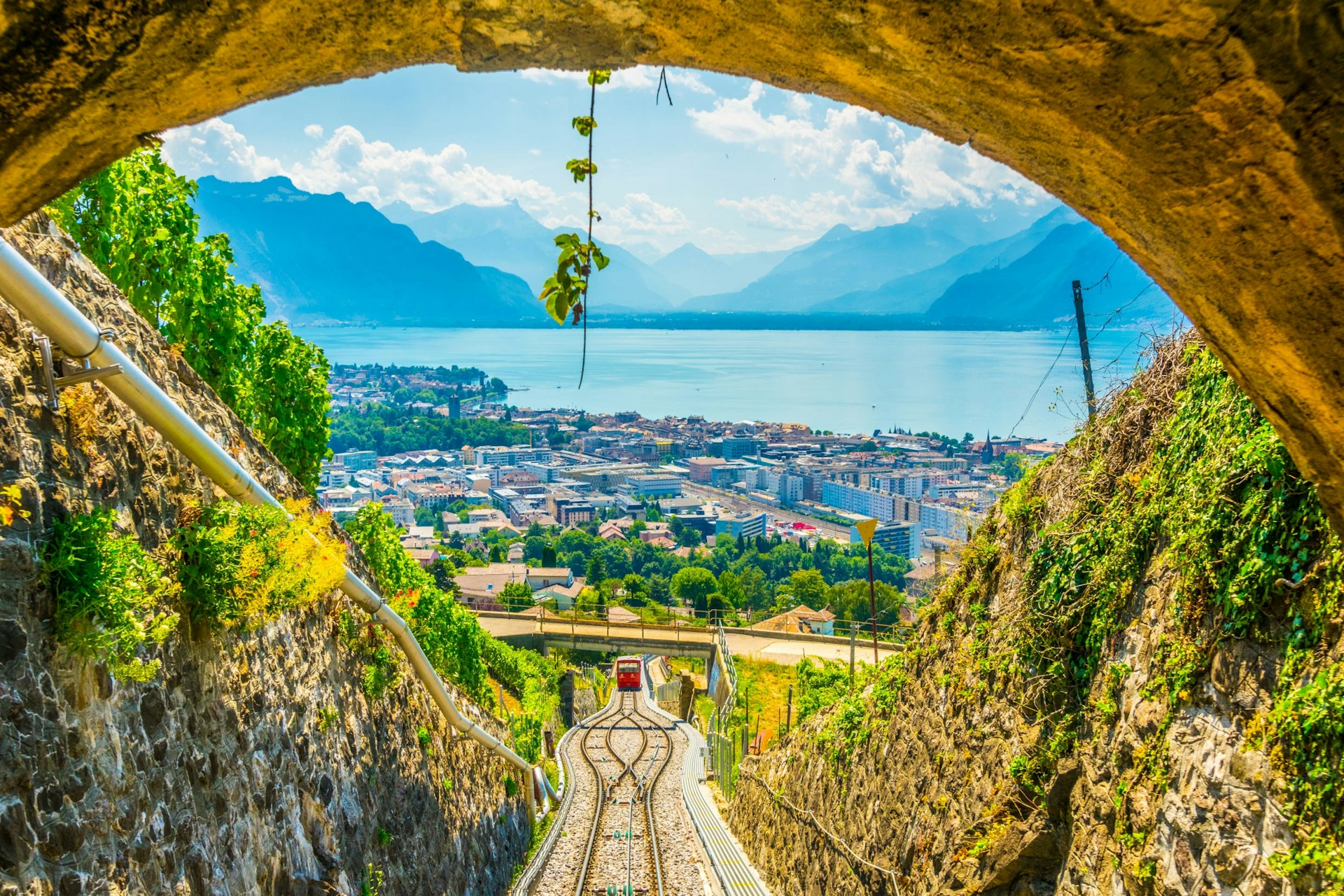 Vevey and lake Geneva, as seen from the funicular ascending to Mont Pelerin