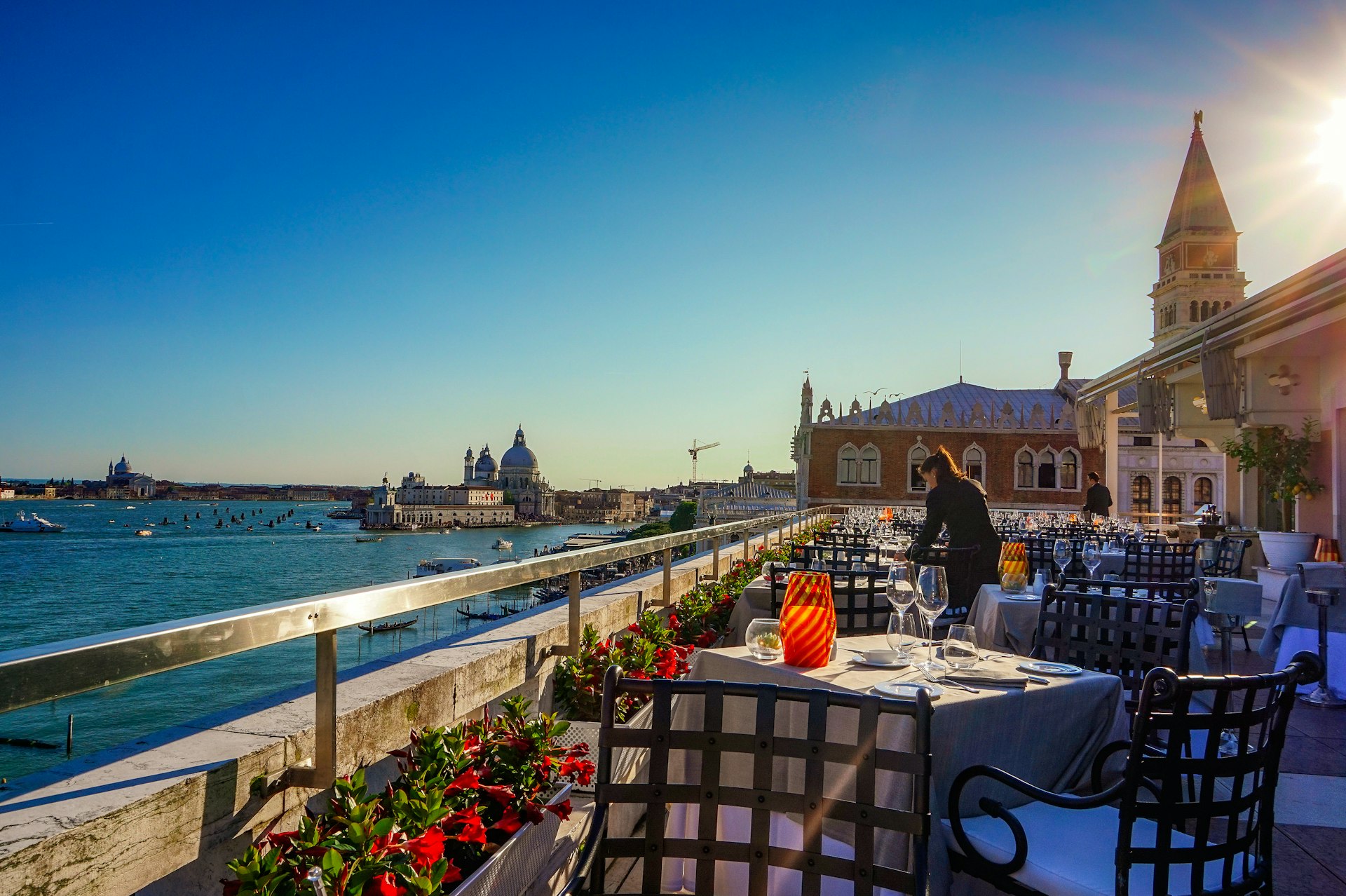 View from a rooftop bar -- the restaurant Terrazza Danieli over the lagoon Venice 