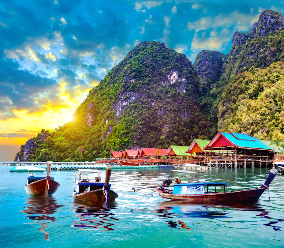 Scenic Phuket landscape.Seascape and paradisiacal idyllic beach. Scenery Thailand sea and island .Adventures and exotic travel concept