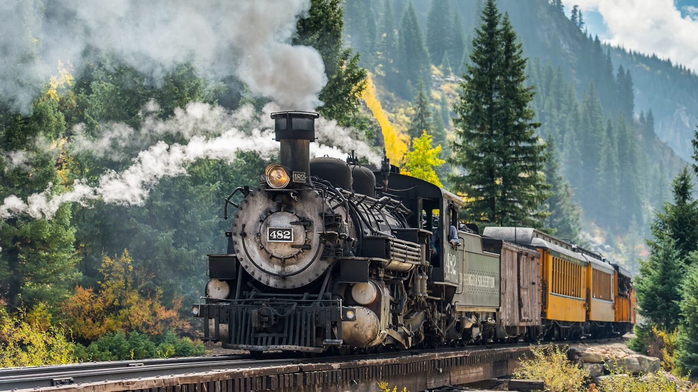 SILVERTON, COLORADO- SEPT 21: Restored steam train of Durango & Silverton RR runs as visitor attraction on Sept 21, 2014.