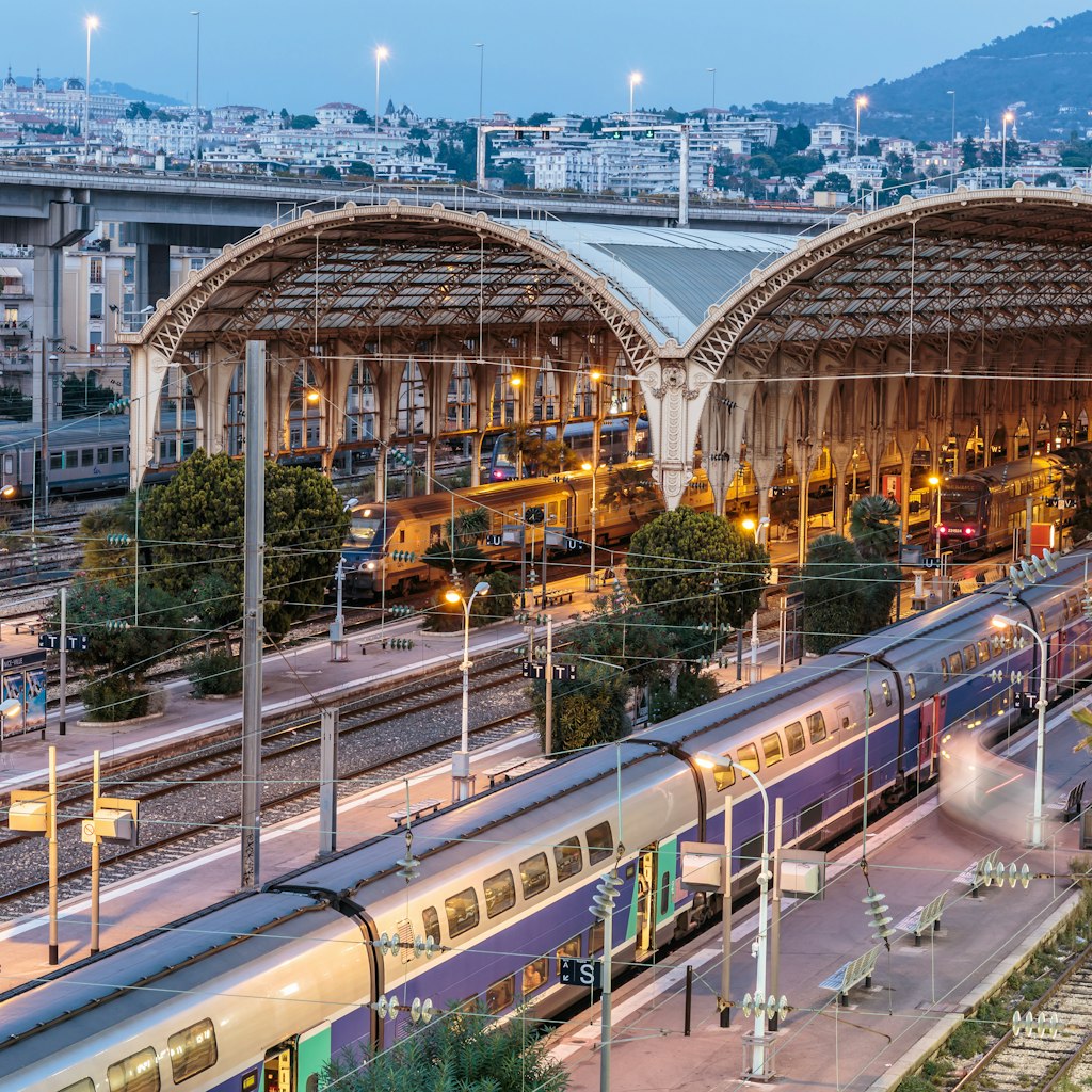 NOVEMBER 2, 2014: Exterior of Gare de Nice-Ville train station at night.
