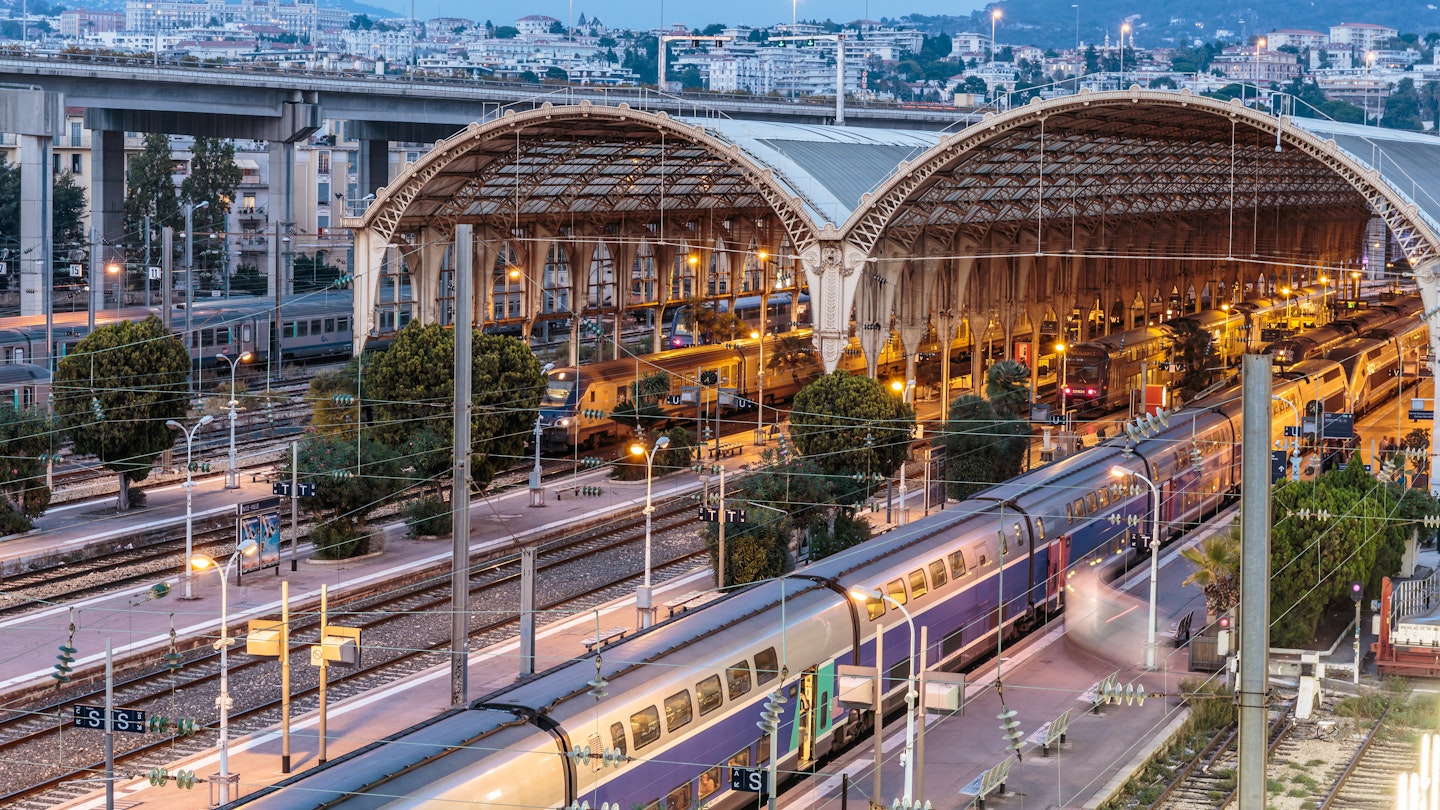 NOVEMBER 2, 2014: Exterior of Gare de Nice-Ville train station at night.