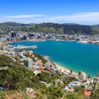High-angle view of Wellington City harbor and downtown.