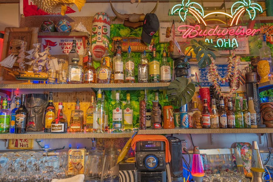 Local rum and spirits on the shelf at a bar in Honolulu, Hawaii