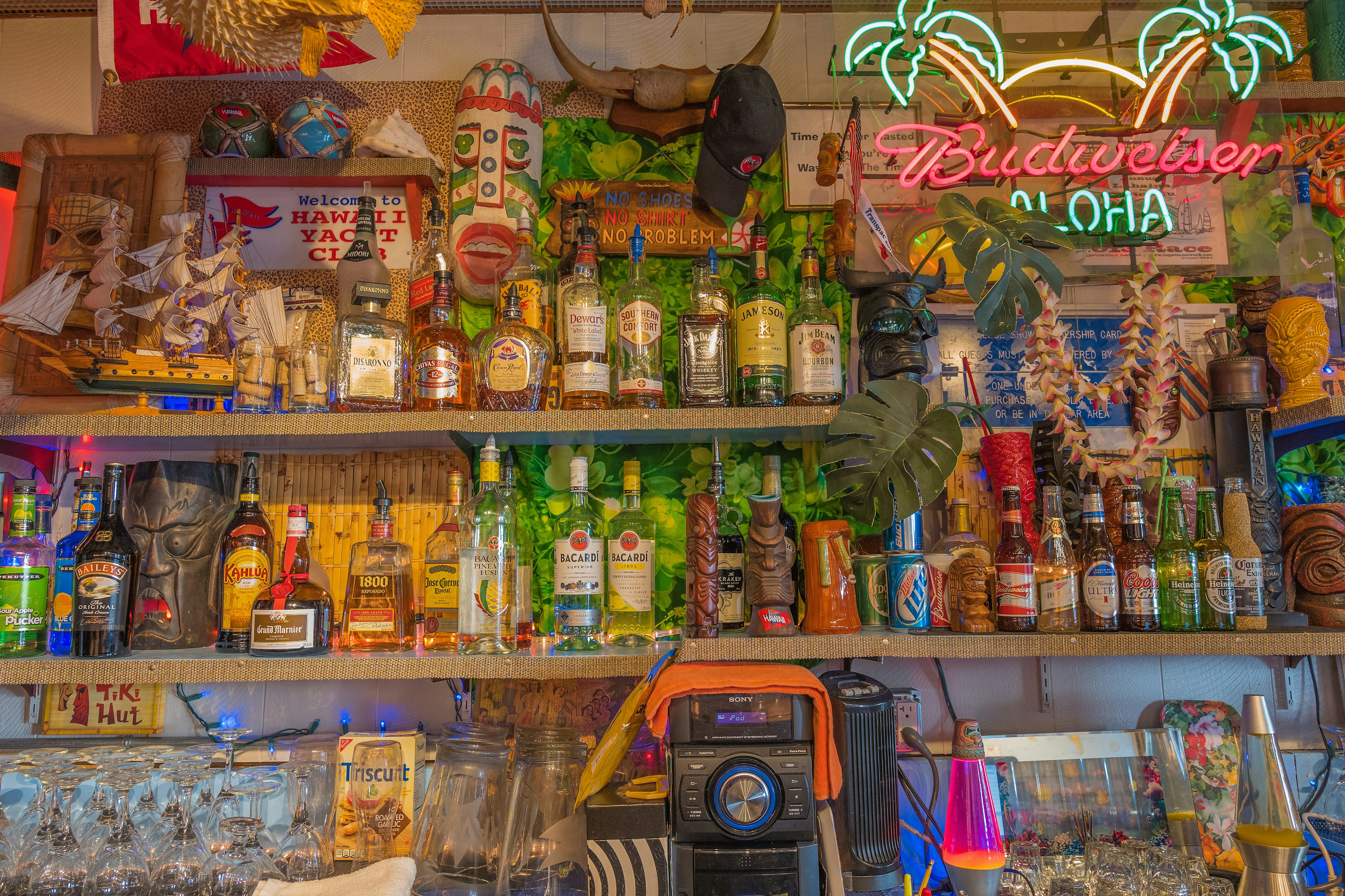 Colorful closeup view of the restored Tiki Bar at the world famous Hawaii Yacht Club