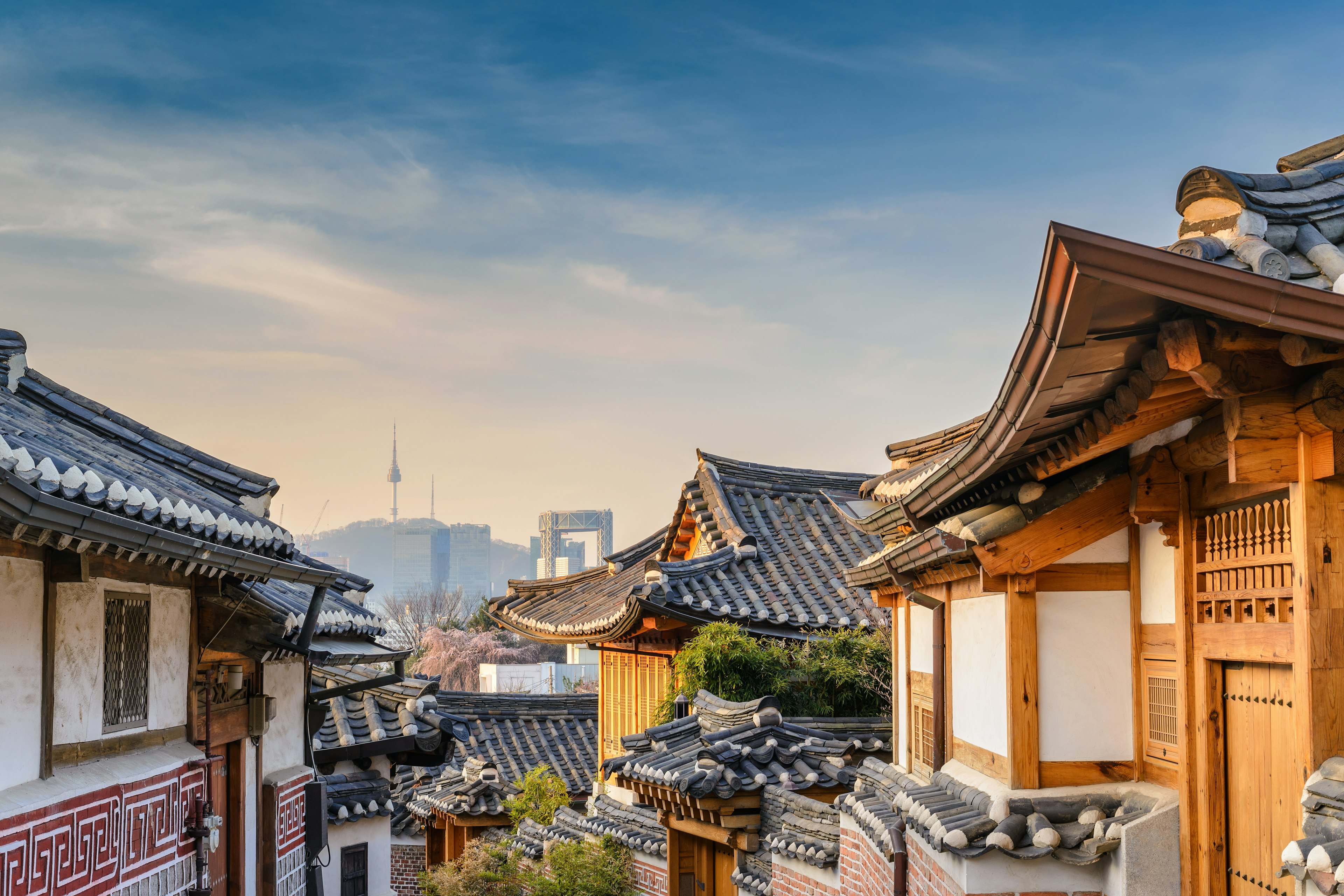 Beautiful buildings line a street in Seoul, South Korea.