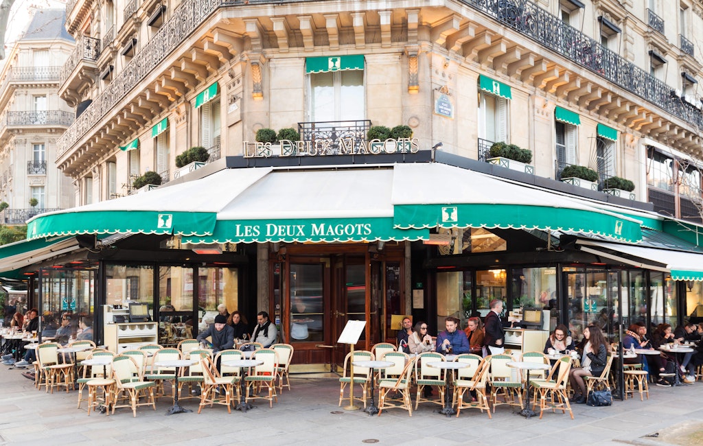 Paris France-February 15, 201 :The cafe Les Deux magots located at the corner of boulevard Saint Germain and rue Saint Benoit . It was once home to intellectual stars, from Hemingway to Pablo Picasso.