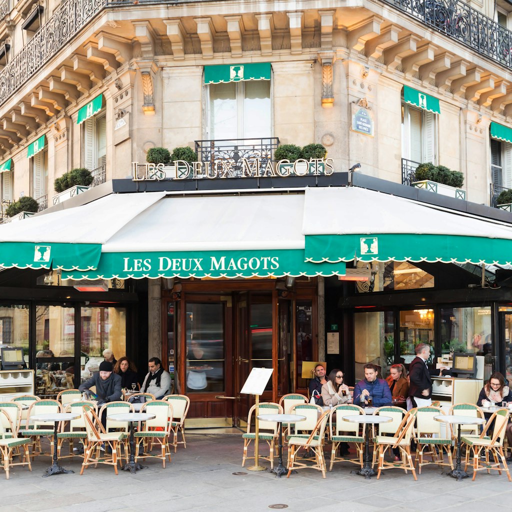 Paris France-February 15, 201 :The cafe Les Deux magots located at the corner of boulevard Saint Germain and rue Saint Benoit . It was once home to intellectual stars, from Hemingway to Pablo Picasso.