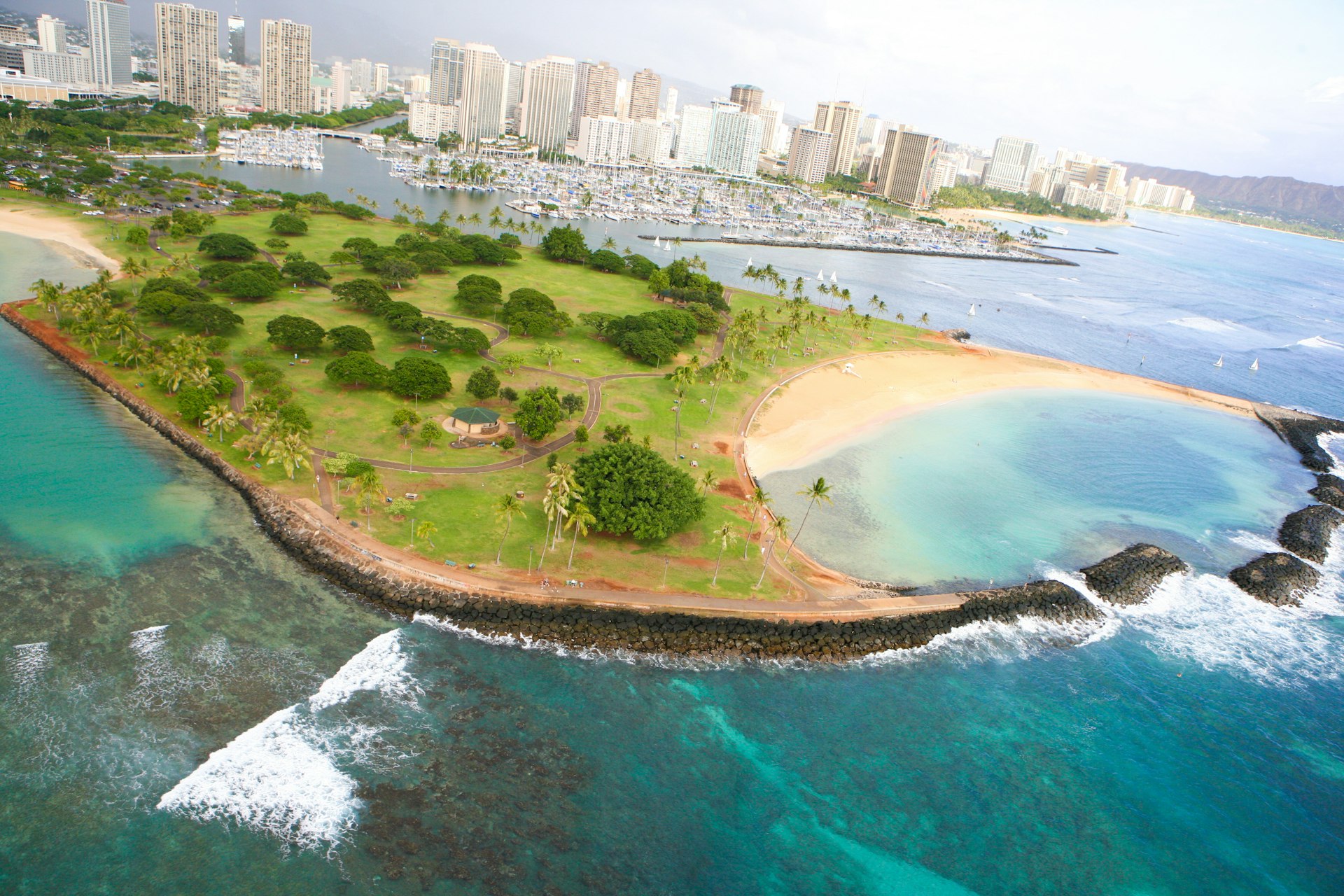 Beach at Magic Island from above 