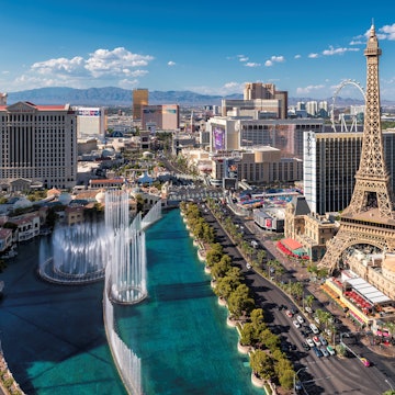 July 24, 2017: Las Vegas Strip, as seen from the Cosmopolitan Hotel, with Caesars Palace, The Flamingo Hotel and Paris Hotel.