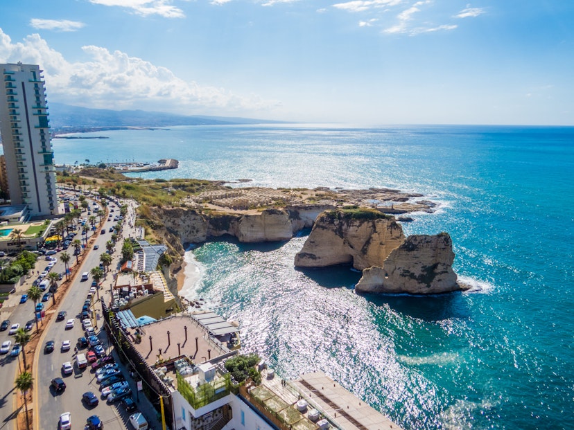 BEIRUT, LEBANON - NOVEMBER 2, 2017 - Aerial view of the Pigeons' Rocks on Raouche.