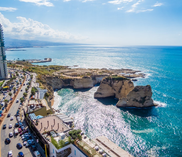 BEIRUT, LEBANON - NOVEMBER 2, 2017 - Aerial view of the Pigeons' Rocks on Raouche.