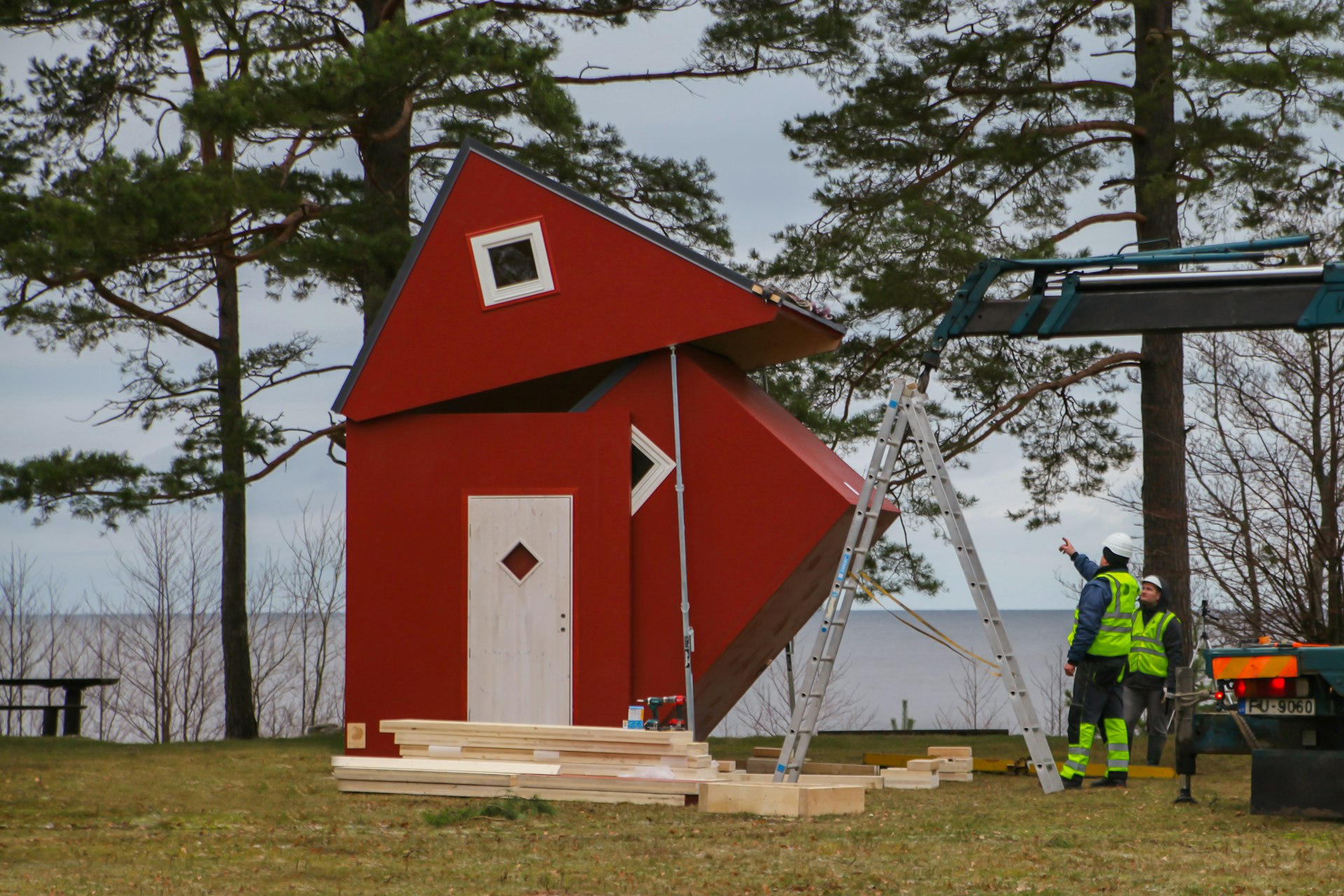 A picture of the tiny house in the process of unfolding