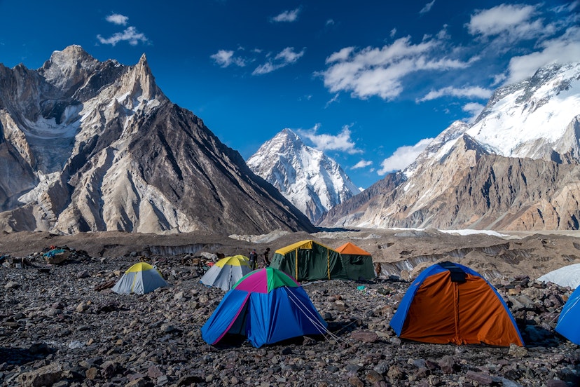 The night before reaching base camp, hikers spend the night in one of the most breathtaking campsites on the planet