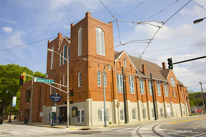 Exterior of the red brick Ebenezer Baptist Church on the corner of Jackson St in Atlanta. It was the church of Martin Luther King Jr. and his father. 