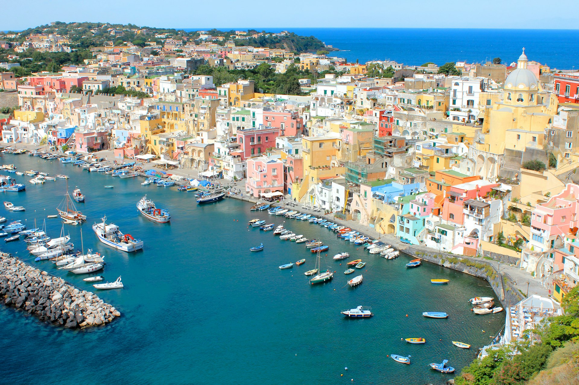 An aerial view of Procida's harbour