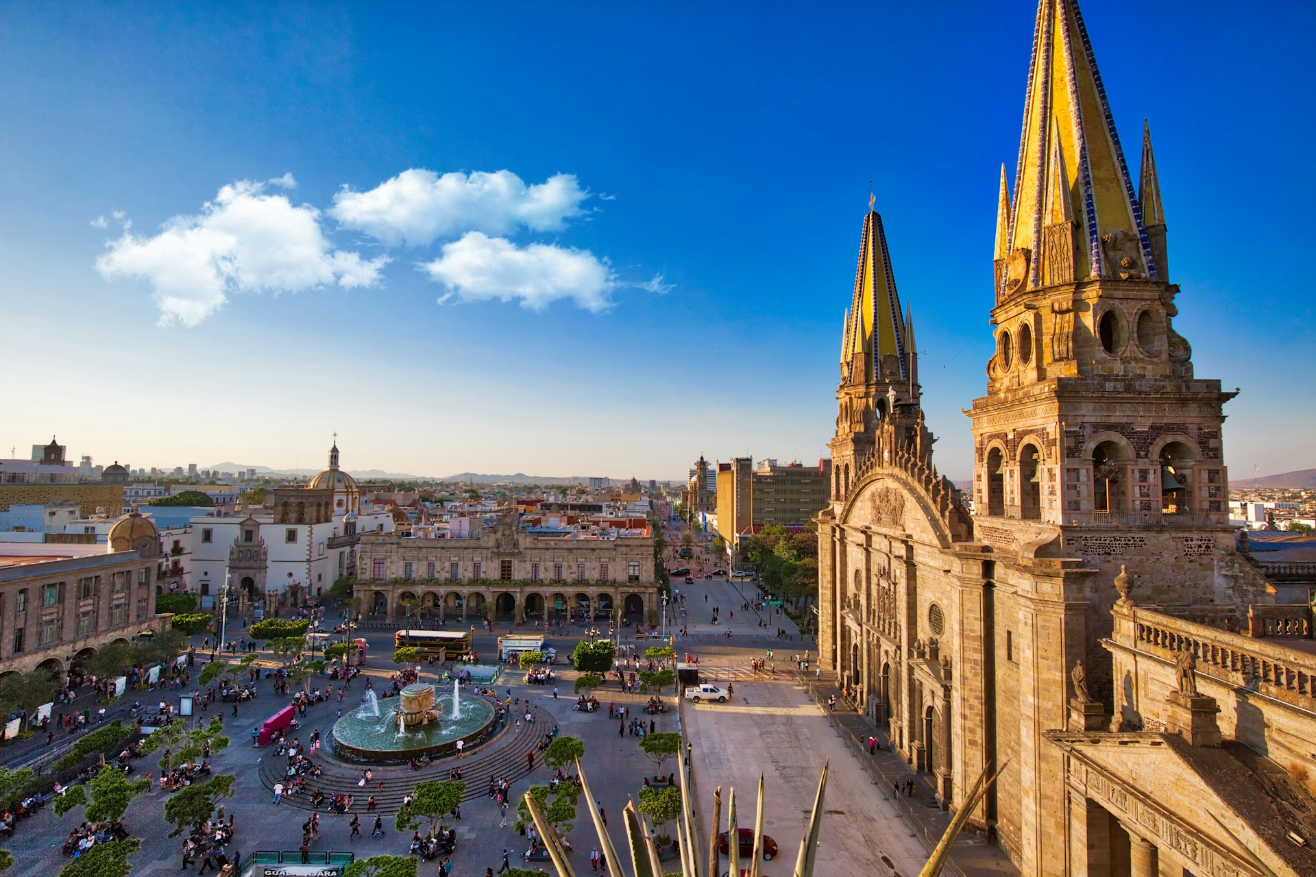 Aerial view of the Cathedral against a clear blue sky in Guadalajara, Mexico