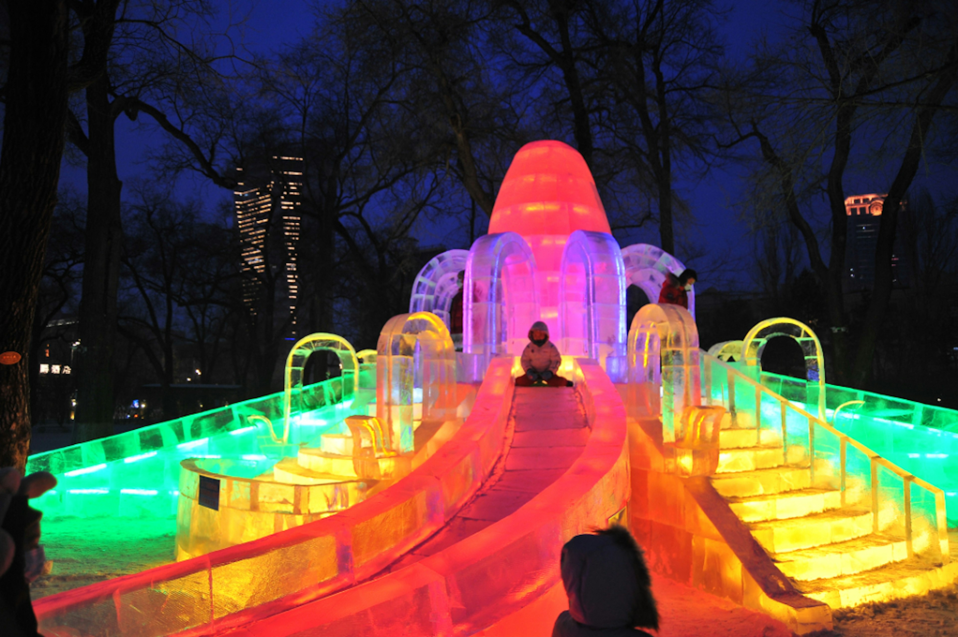 Illuminated ice sculptures at the Harbin Snow and Ice Festival in China