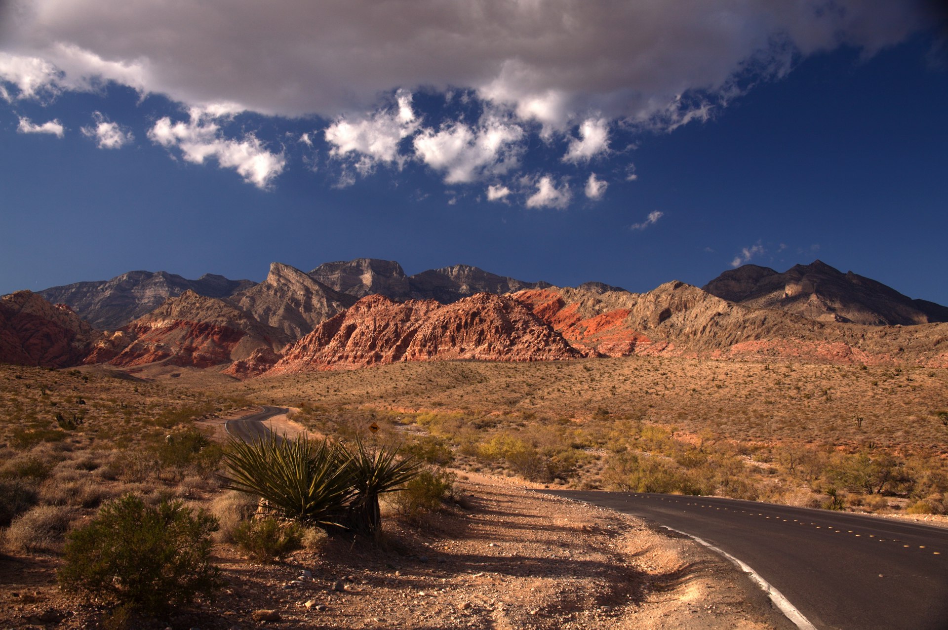 A tarmac road runs through an area with ancient rock formations rising tall above the road 