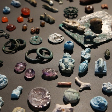 POMPEII, CAMPANIA, ITALY - 2021/01/25: Jewelry in stone and bronze are displayed in the Antiquarium, a new museum venue in the Pompeii archaeological site with a permanent display of finds many of which were found during the last excavation campaign. The Roman town was buried by the terrible eruption of Vesuvius in 79 AD. (Photo by Carlo Hermann/KONTROLAB/LightRocket via Getty Images)