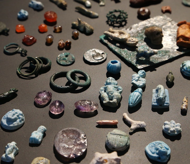 POMPEII, CAMPANIA, ITALY - 2021/01/25: Jewelry in stone and bronze are displayed in the Antiquarium, a new museum venue in the Pompeii archaeological site with a permanent display of finds many of which were found during the last excavation campaign. The Roman town was buried by the terrible eruption of Vesuvius in 79 AD. (Photo by Carlo Hermann/KONTROLAB/LightRocket via Getty Images)