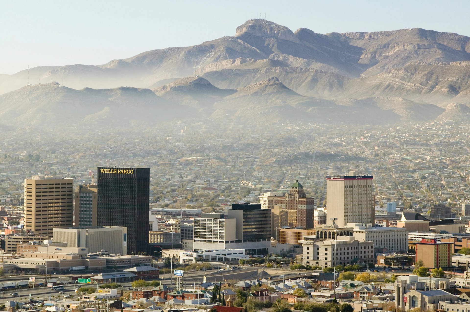 Panoramic view of skyline El Paso Texas looking toward Juarez, Mexico.