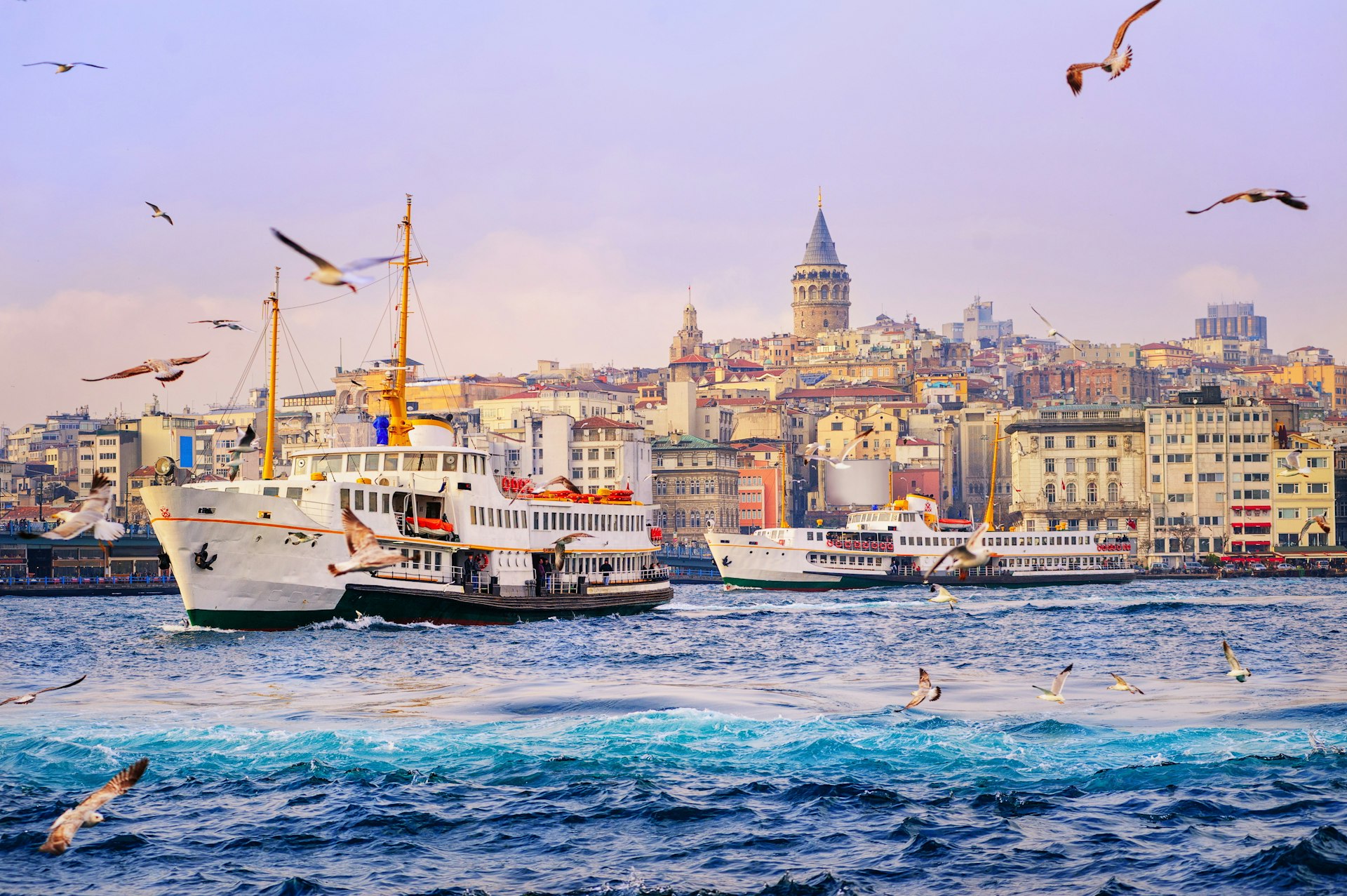 Birds circle a ferry leaving Golden Horn in Istanbul, Turkey 