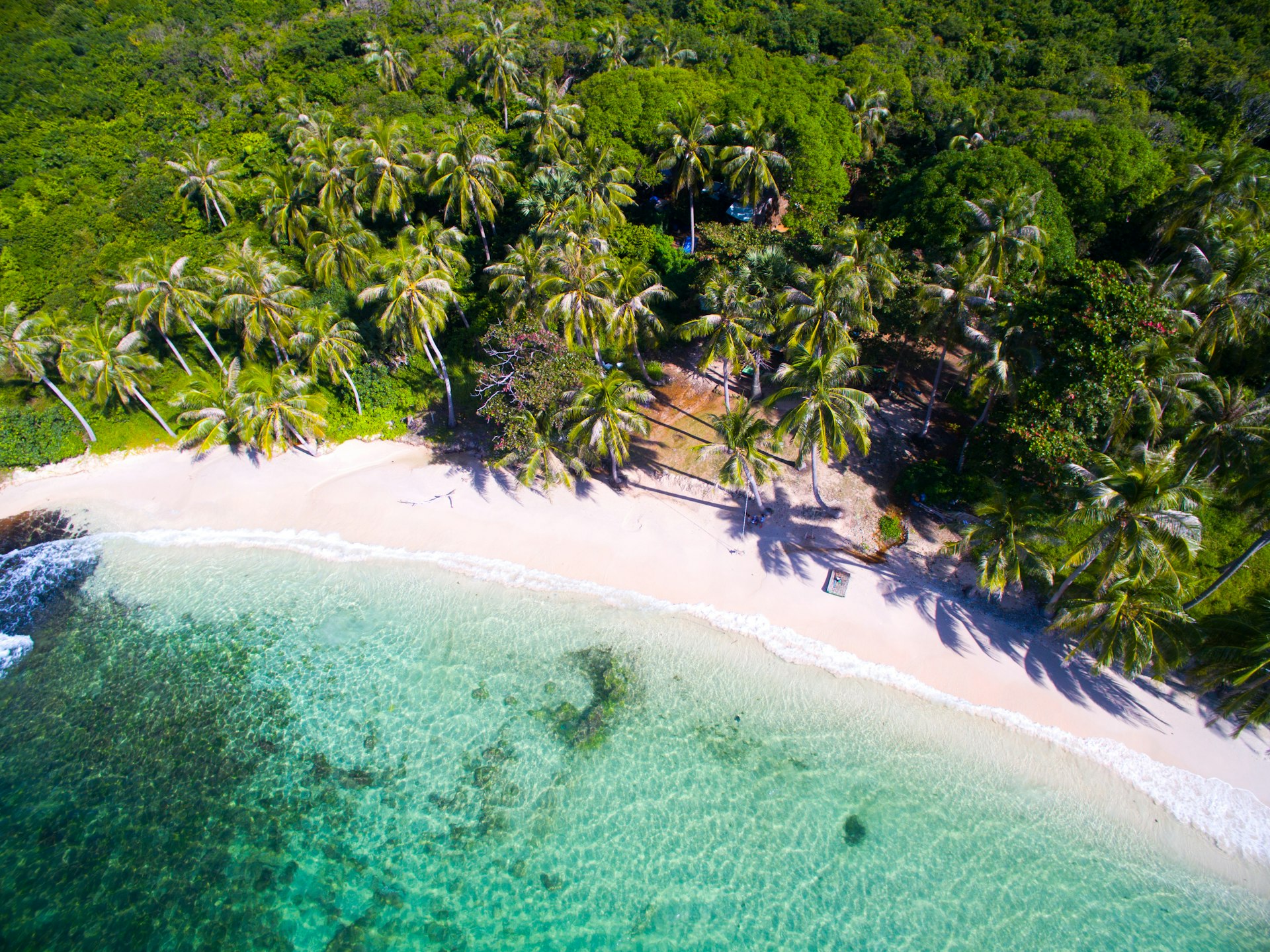 An aerial shot of thick palm tree vegetation meeting bright blue seas with a golden arc of sand