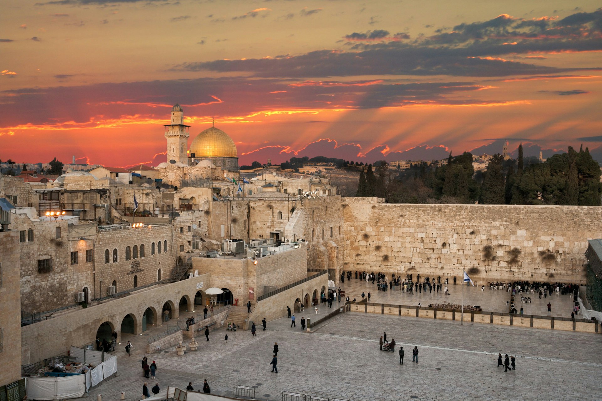High-angle view of Jerusalem's Western Wall at the Dome of the Rock during sunset