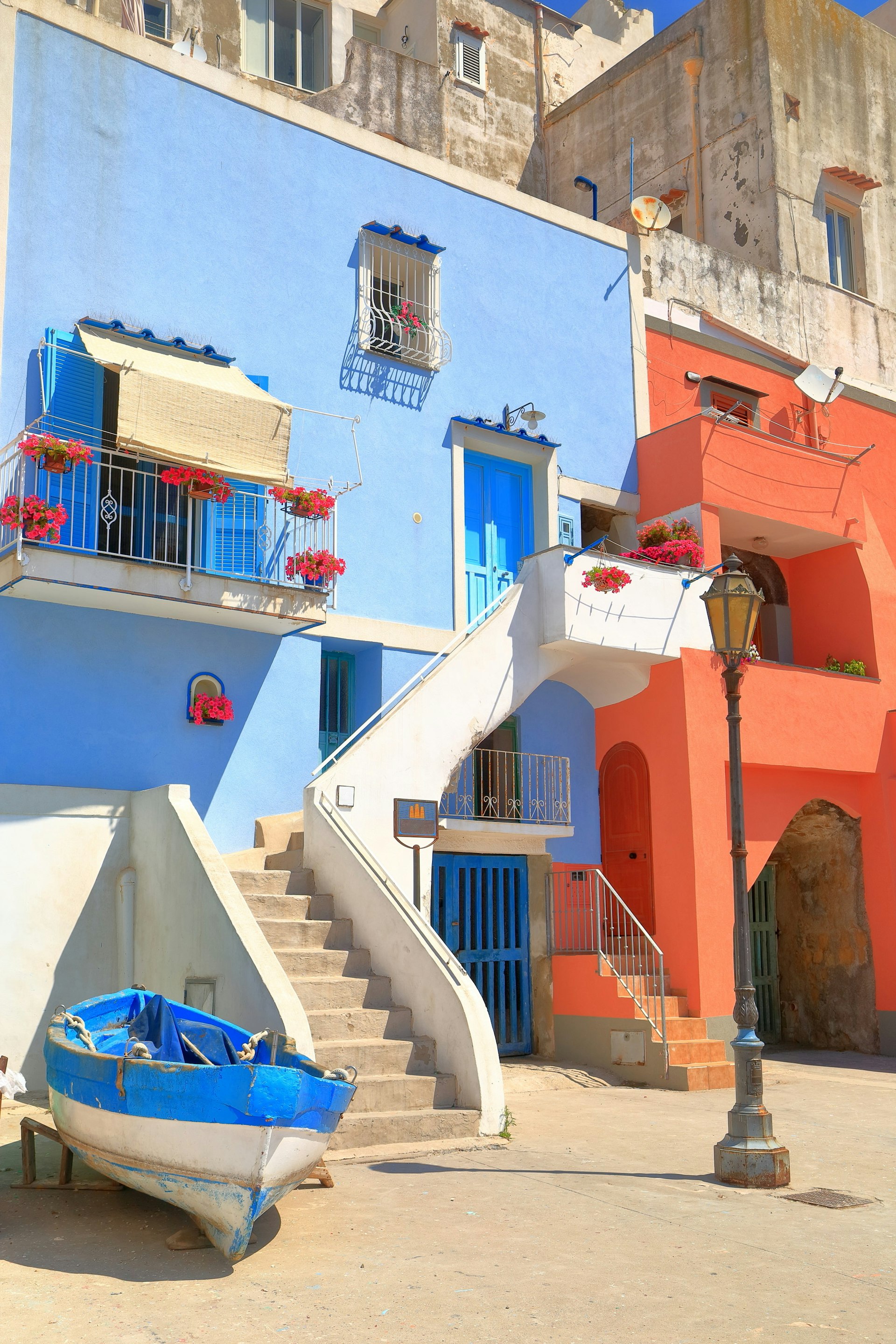 A close-up picture of Procida's colourful houses