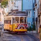 August 22, 2017: Street car in the narrow streets of Lisbon.
