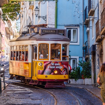 August 22, 2017: Street car in the narrow streets of Lisbon.